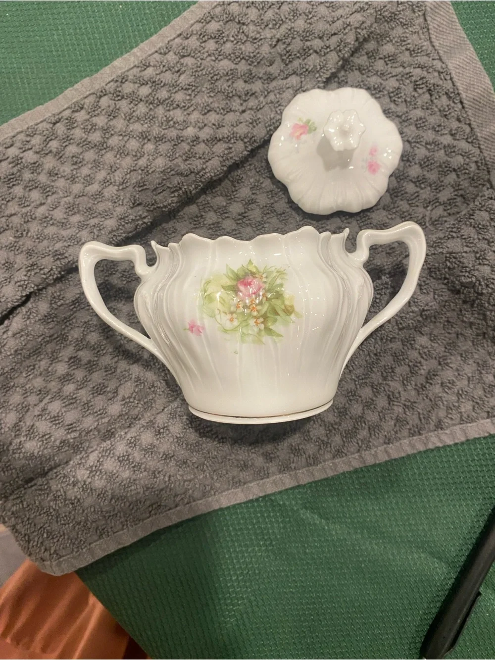 Antique RS Prussia Red Mark Covered Sugar Bowl Porcelain Floral No Chips